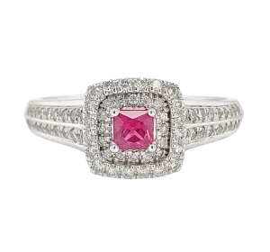 Princess Cut Double Diamond Halo Ruby Ring with Channel Set Diamond White Gold Band