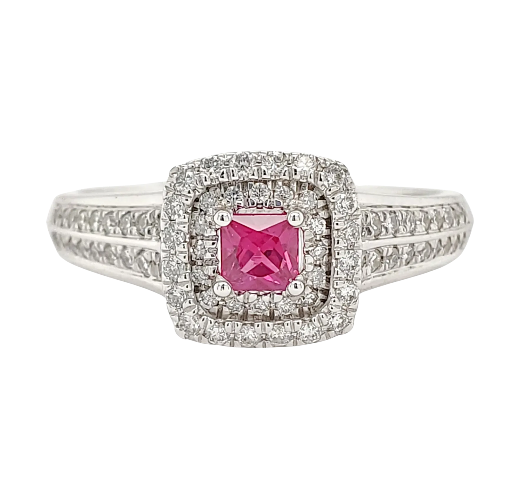 Princess Cut Double Diamond Halo Ruby Ring with Channel Set Diamond White Gold Band