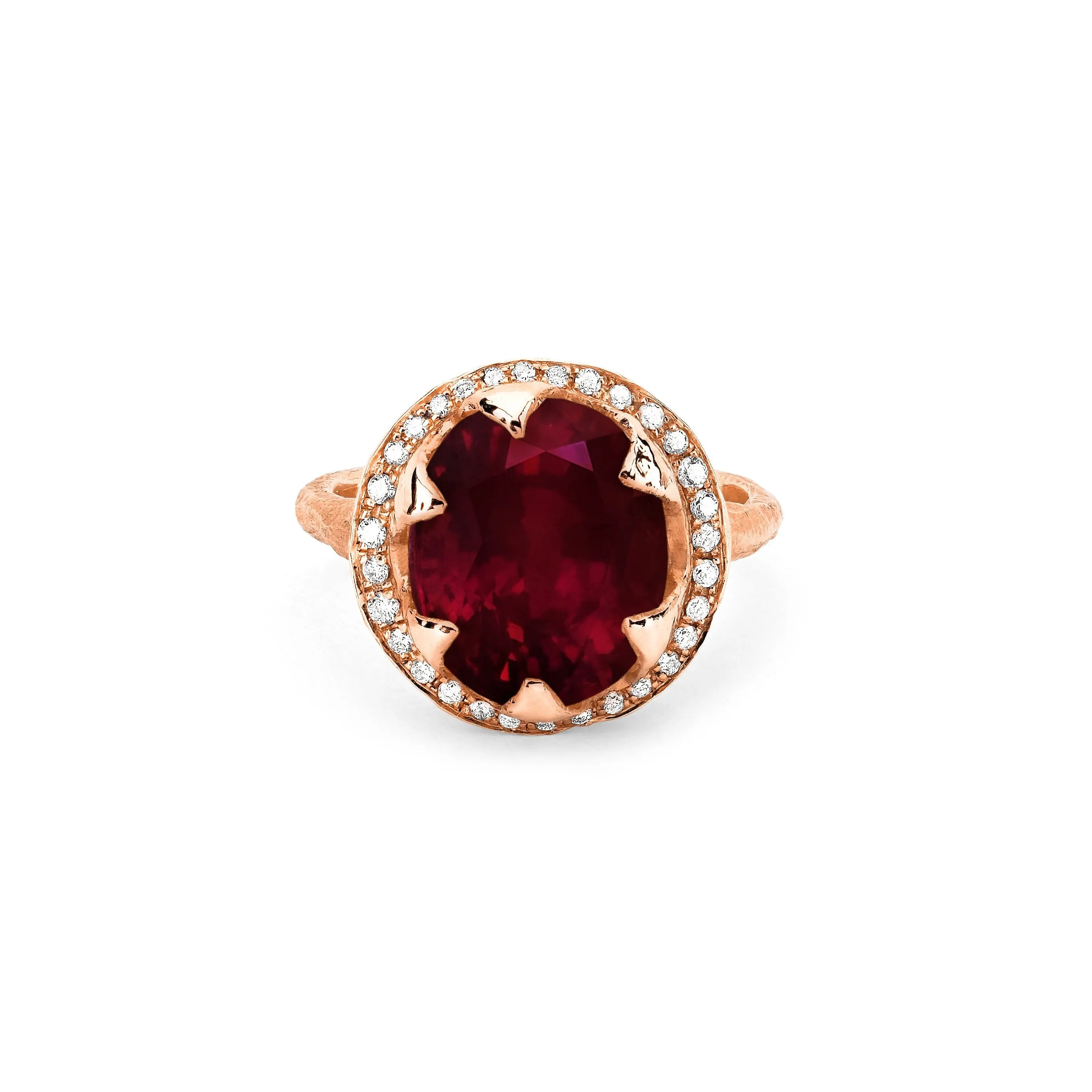 Queen Oval Ruby Ring with Full Pavé Diamond Halo