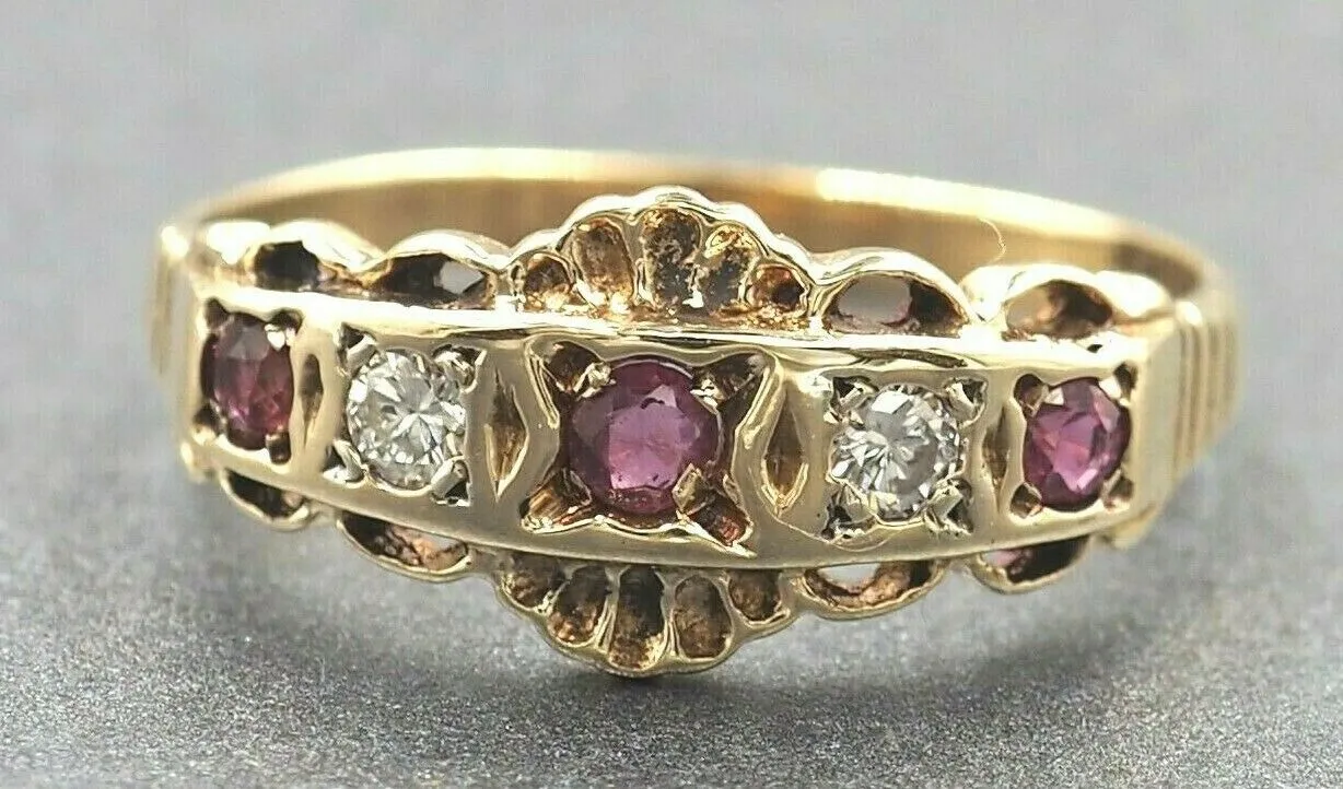 Ruby & Diamond 9ct Yellow Gold Ring Fine Dress Jewellery Band Size P 1/2