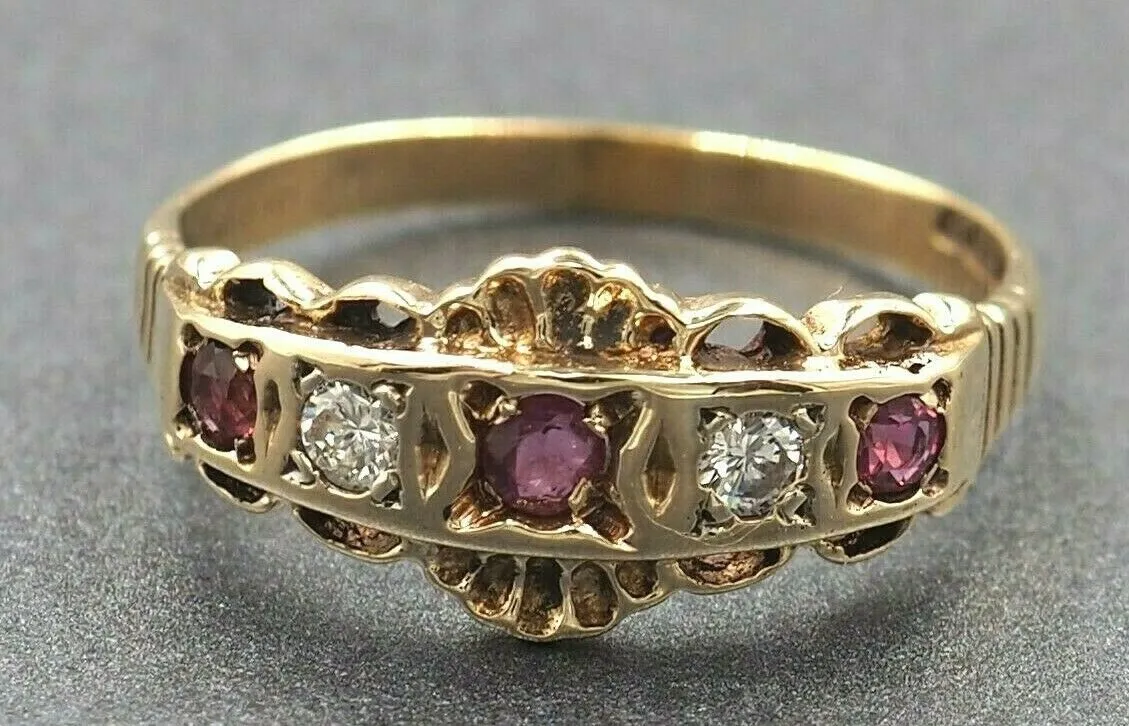 Ruby & Diamond 9ct Yellow Gold Ring Fine Dress Jewellery Band Size P 1/2