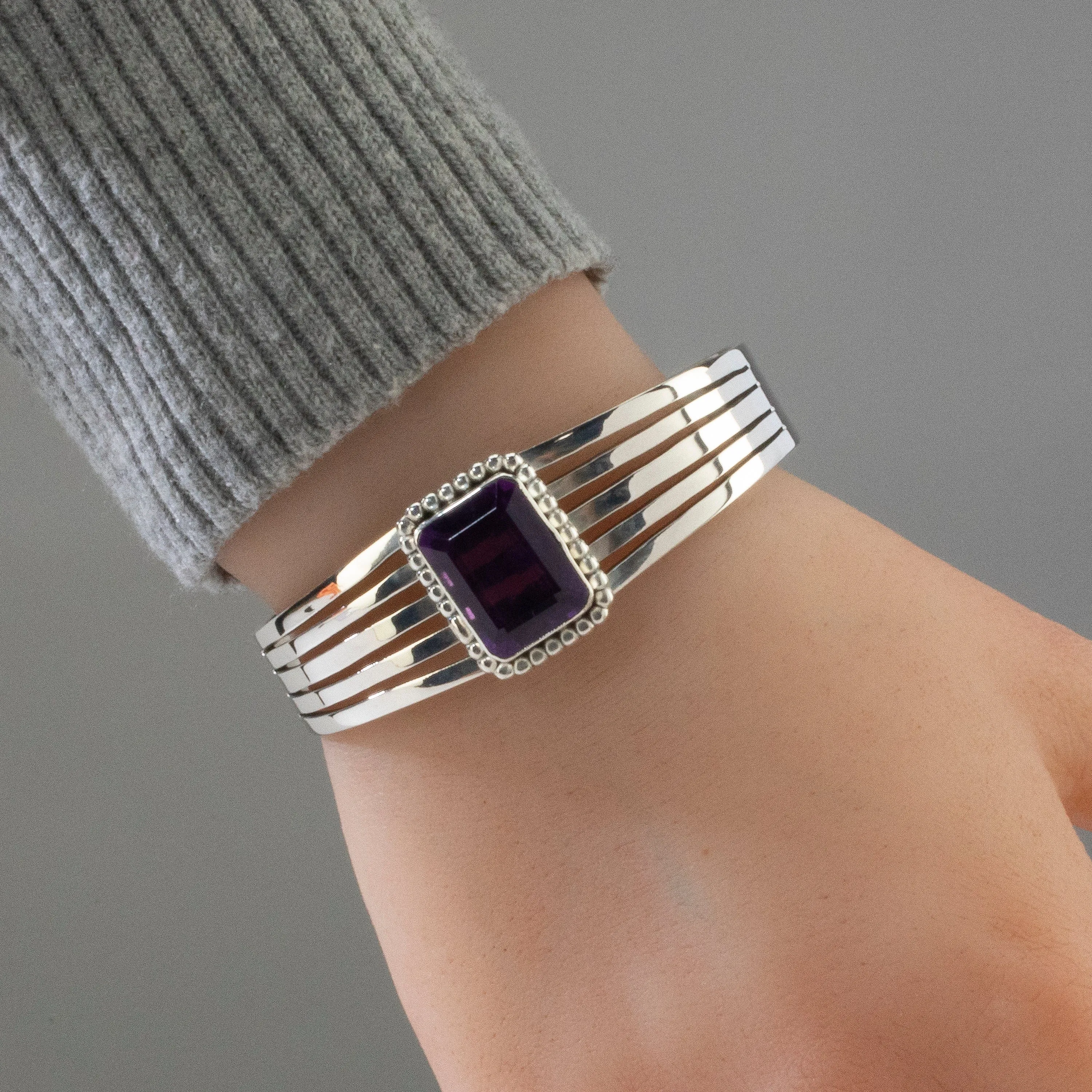 Russell Sam Amethyst Navajo USA Native American Made 925 Sterling Silver Cuff