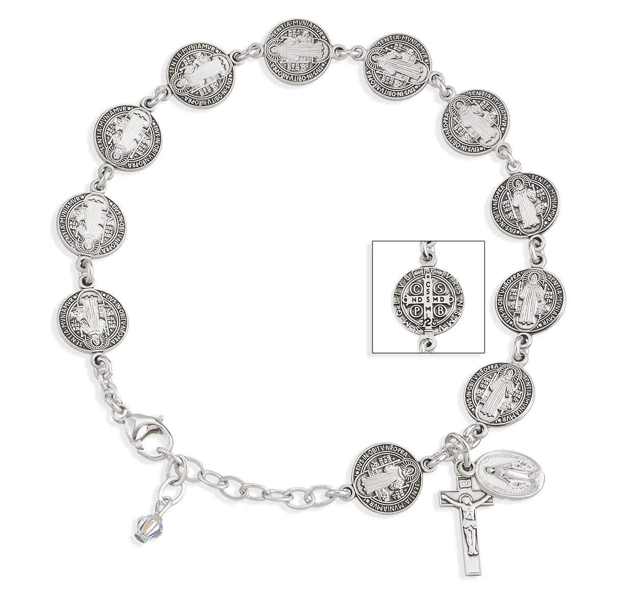 Saint Benedict Round Sterling Silver Rosary Bracelet - B8677