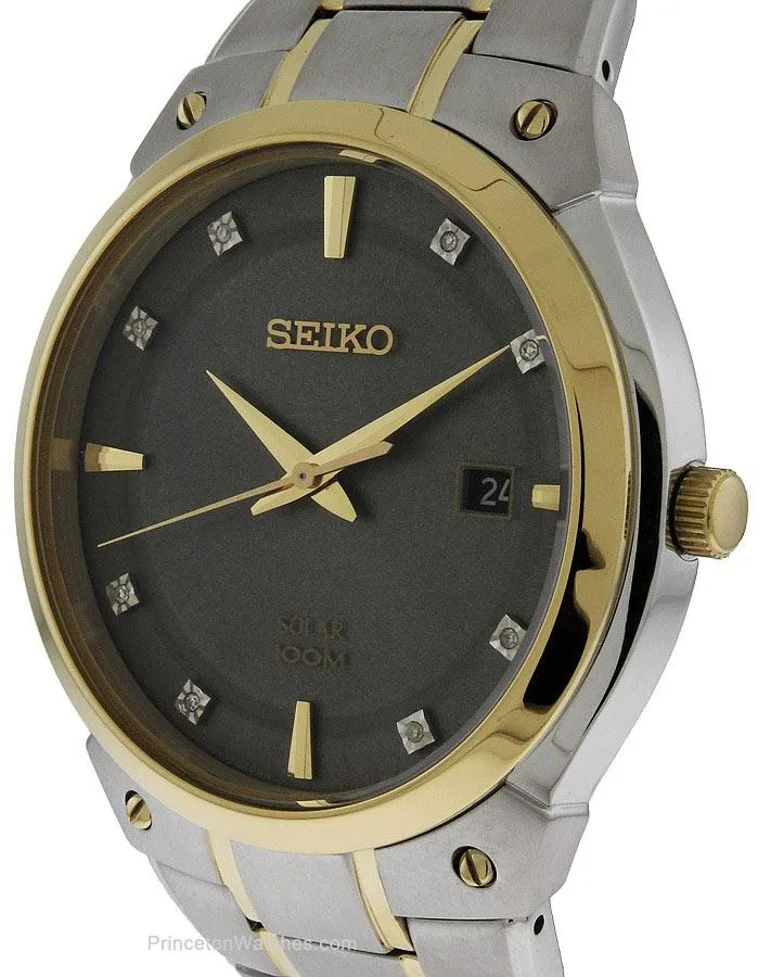 Seiko Mens Solar 8 Diamond Dress Watch - Two-Tone - Date - Bracelet - 100m