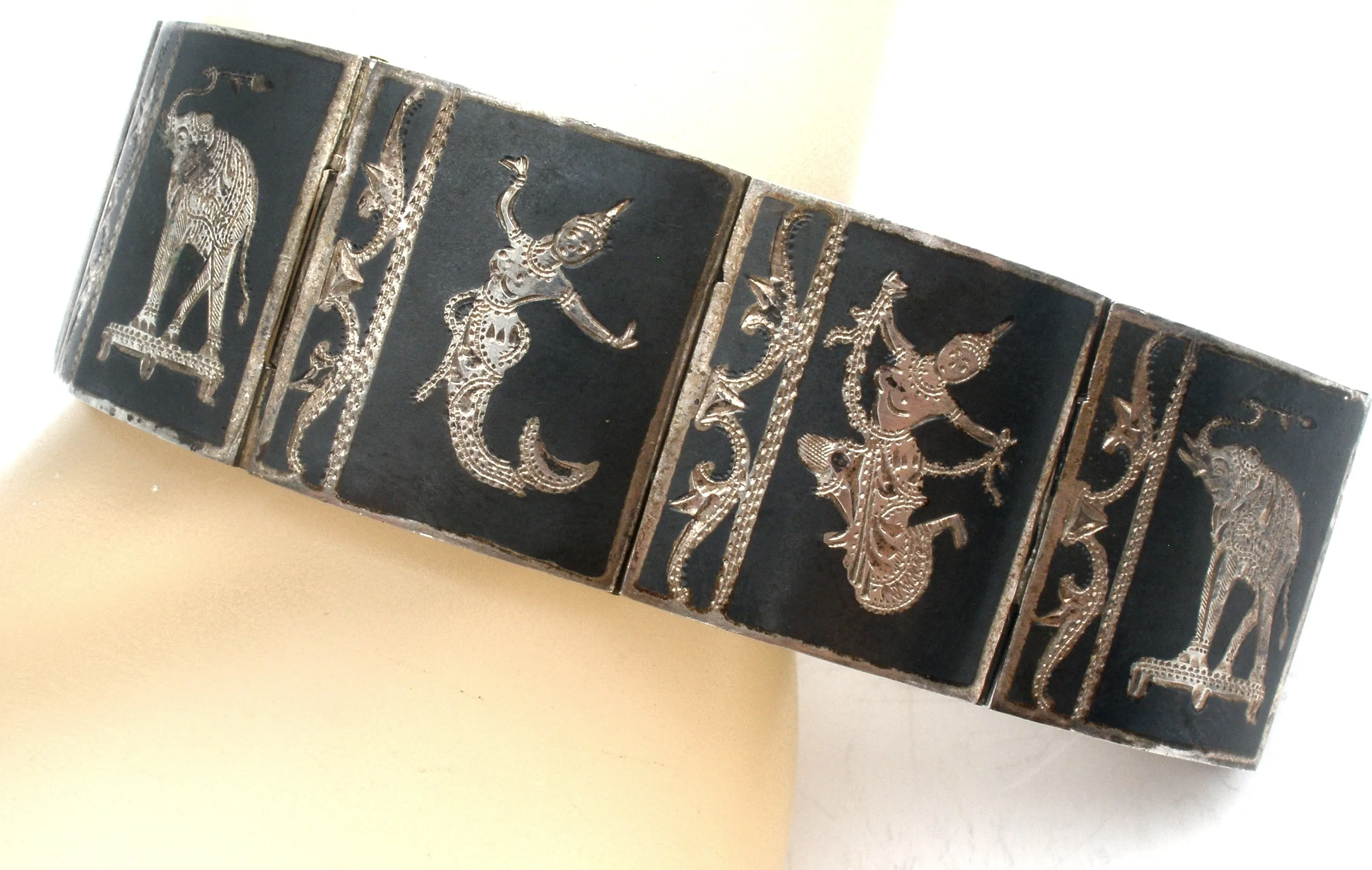 Siam Sterling Silver Black Niello Enamel Panel Bracelet Vintage