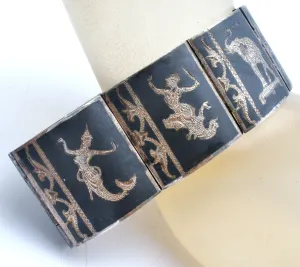 Siam Sterling Silver Black Niello Enamel Panel Bracelet Vintage