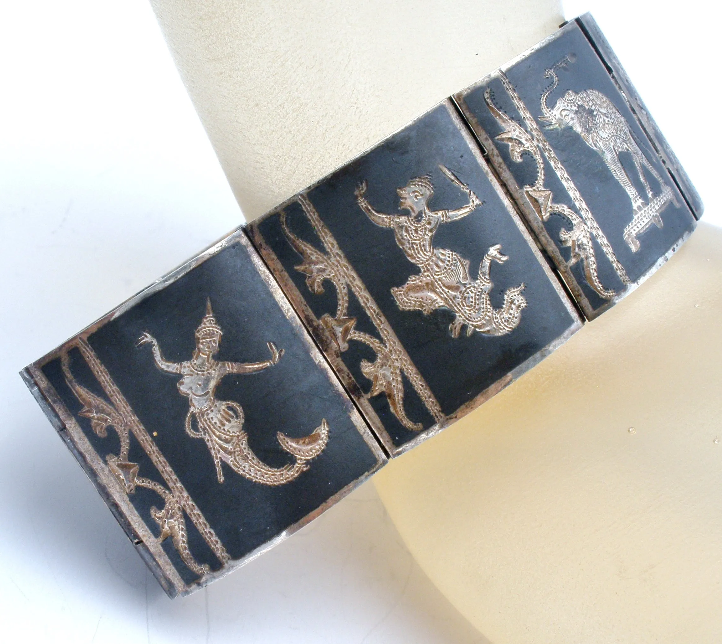 Siam Sterling Silver Black Niello Enamel Panel Bracelet Vintage