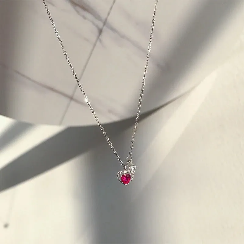 Silver Plated Red Zircon Love Heart Charm Necklaces