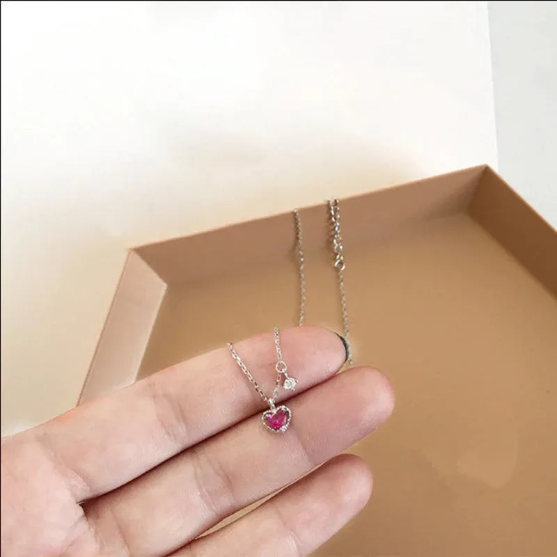 Silver Plated Red Zircon Love Heart Charm Necklaces