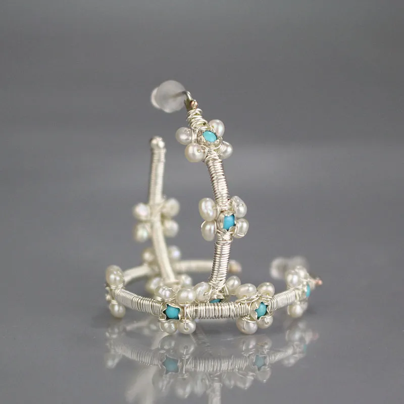 Silver Turquoise Pearl Flower Hoops