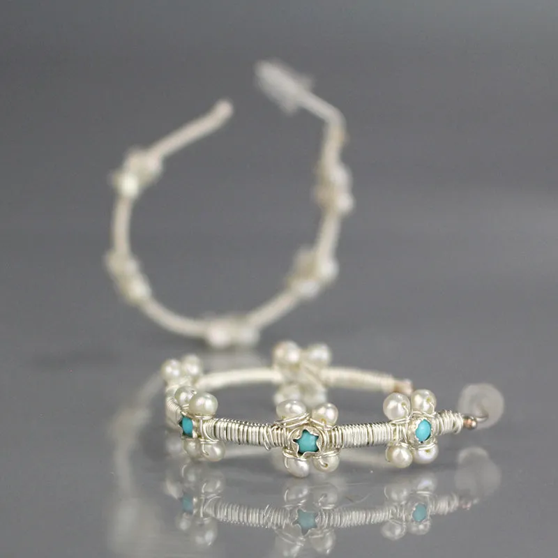 Silver Turquoise Pearl Flower Hoops