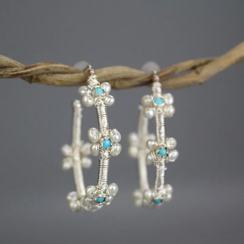 Silver Turquoise Pearl Flower Hoops