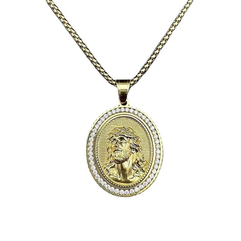 Stainless Steel Casting Vacuum Gold-plated Zircon Jesus Pendant Necklace