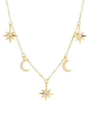 Star and Moon Charm Necklace, 18K Gold Plated, Zircon .925 Sterling Silver Luxury Dainty Charm Necklace