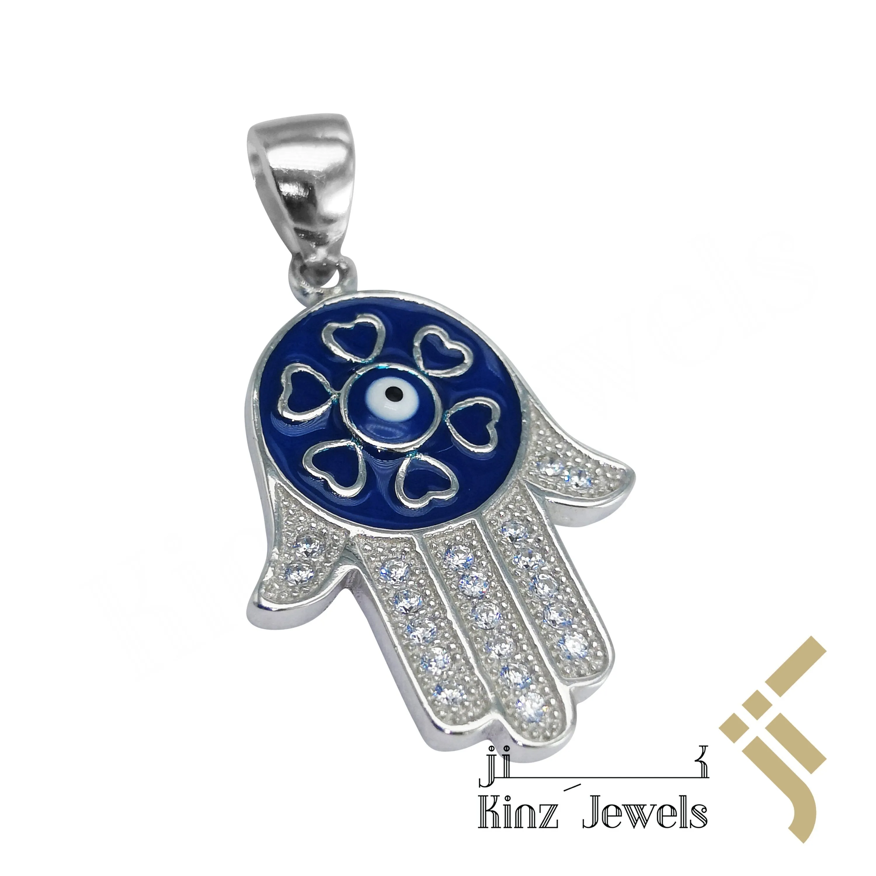 Sterling Silver Hamsa Evil Eye Enamel Zircon Mini Hearts Pendant