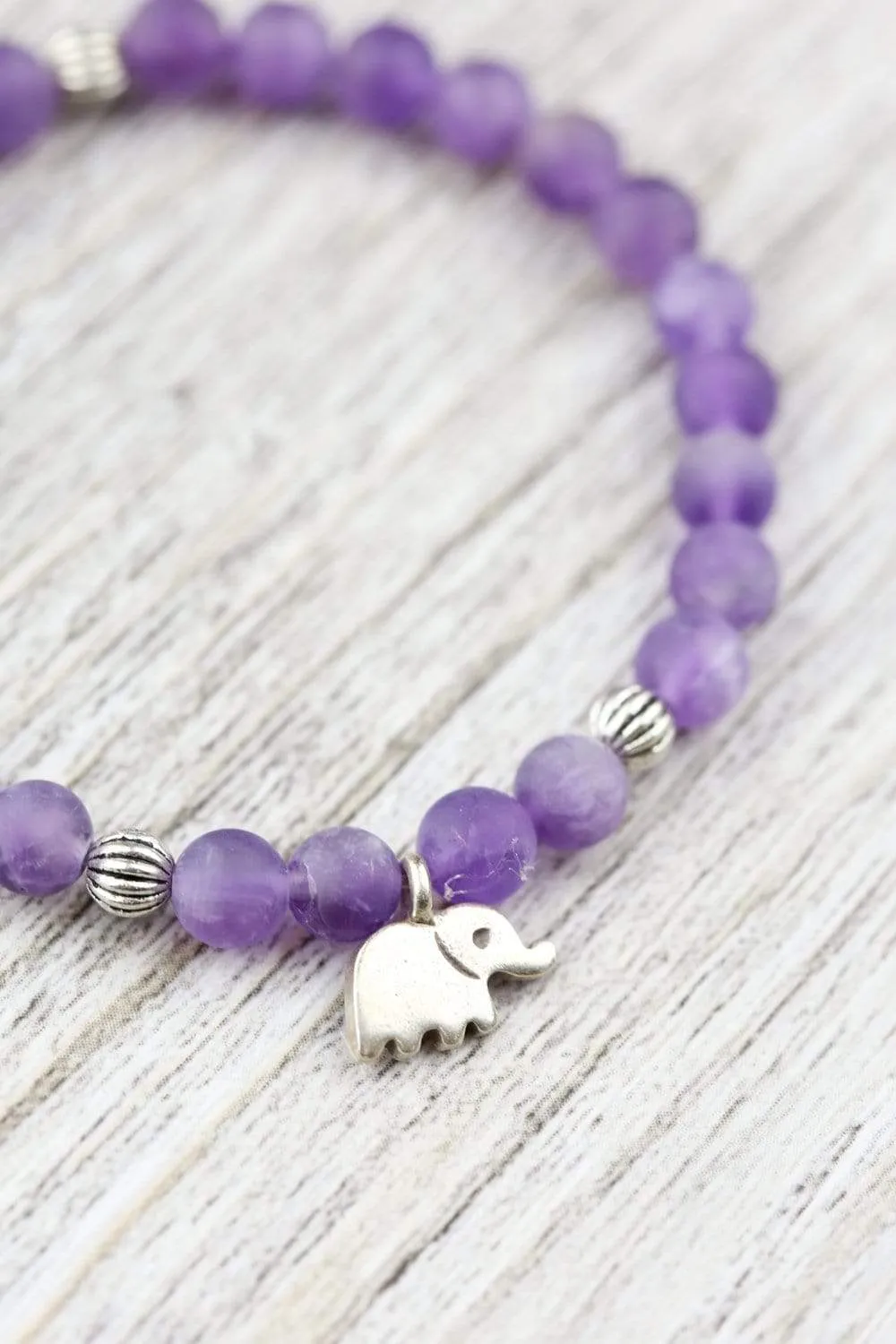 Thai Silver Elephant and Matte Amethyst Stone Wrist Mala