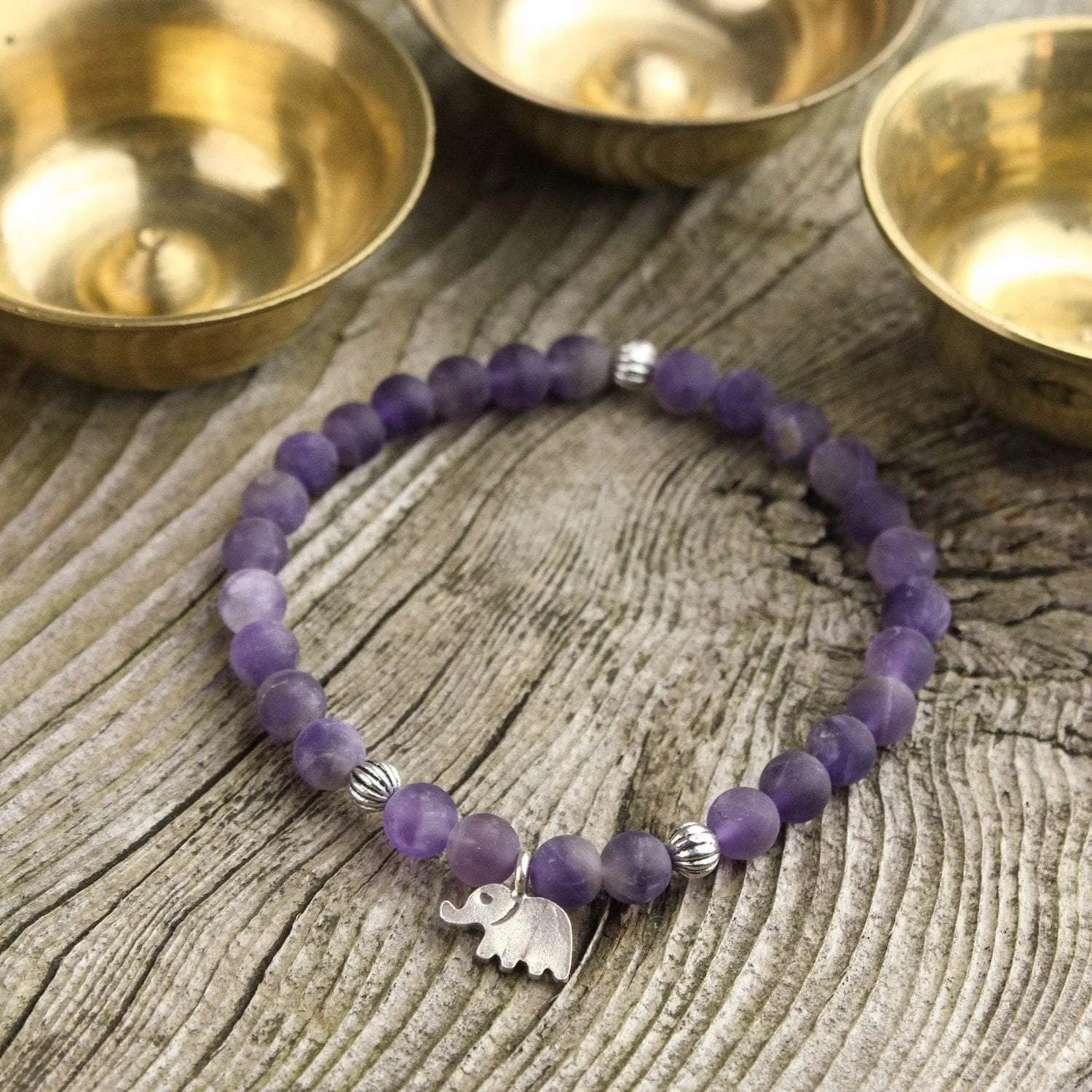 Thai Silver Elephant and Matte Amethyst Stone Wrist Mala