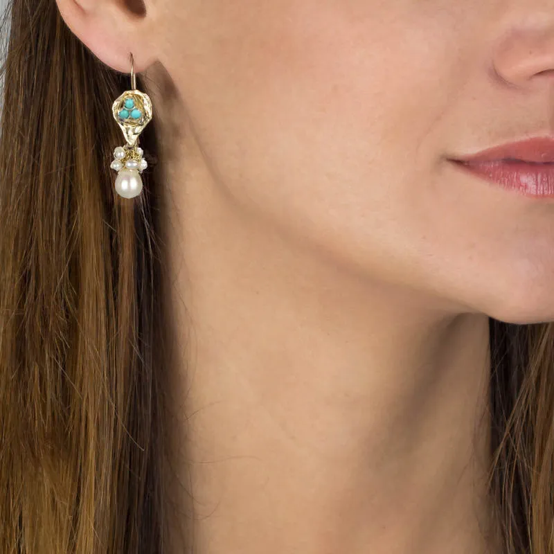 Turquoise Pearl Gold Filled Protection Earrings