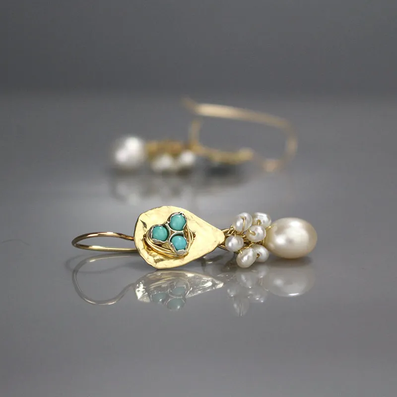 Turquoise Pearl Gold Filled Protection Earrings