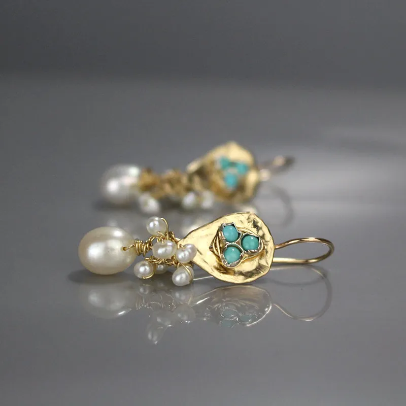 Turquoise Pearl Gold Filled Protection Earrings