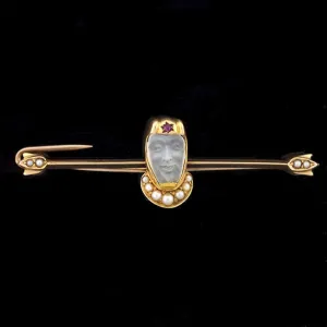 Victorian 14kt Carved Moonstone & Pearl Medieval Knight Pin