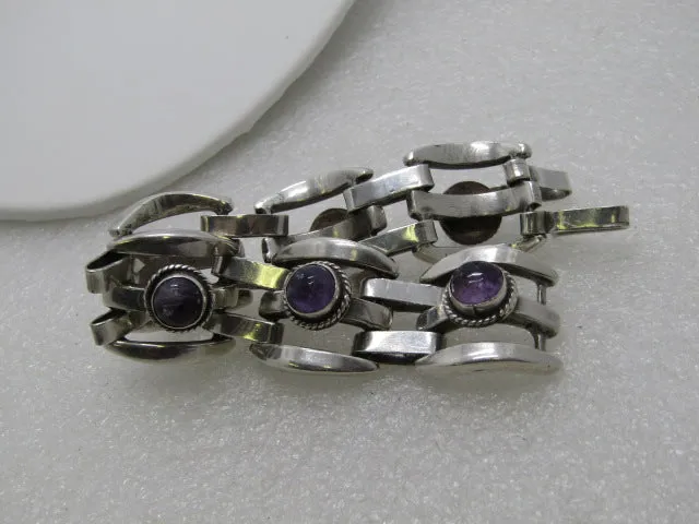 Vintage Mexico Silver Amethyst Bracelet, 7", Heavy Weave Design, 69.36gr, Mid-Century