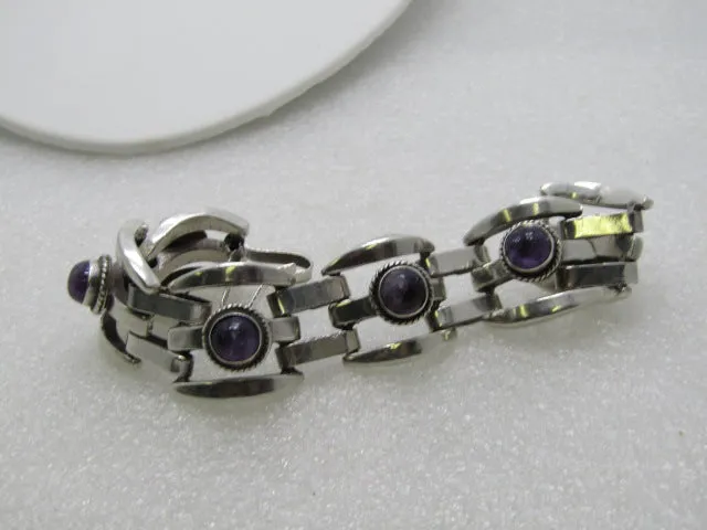 Vintage Mexico Silver Amethyst Bracelet, 7", Heavy Weave Design, 69.36gr, Mid-Century