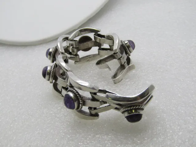 Vintage Mexico Silver Amethyst Bracelet, 7", Heavy Weave Design, 69.36gr, Mid-Century