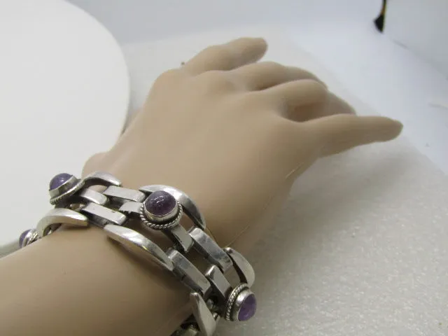 Vintage Mexico Silver Amethyst Bracelet, 7", Heavy Weave Design, 69.36gr, Mid-Century