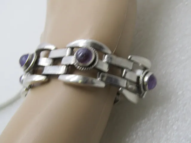 Vintage Mexico Silver Amethyst Bracelet, 7", Heavy Weave Design, 69.36gr, Mid-Century