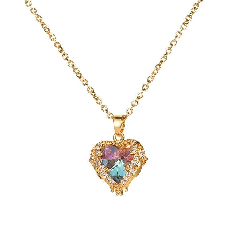 Zircon Heart with Angel Wings Pendant Necklaces