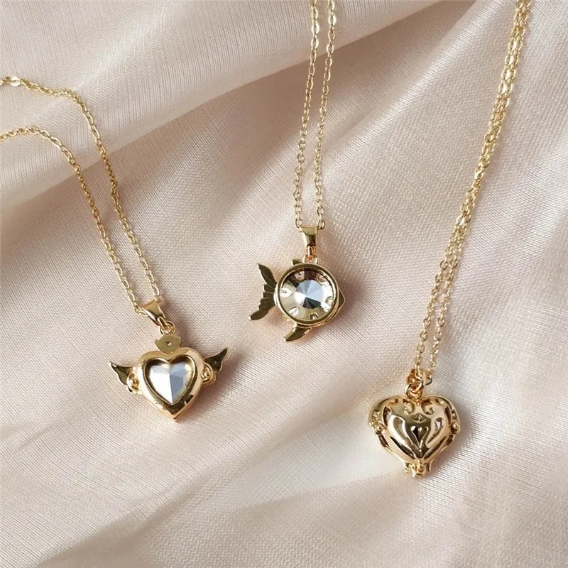 Zircon Heart with Angel Wings Pendant Necklaces