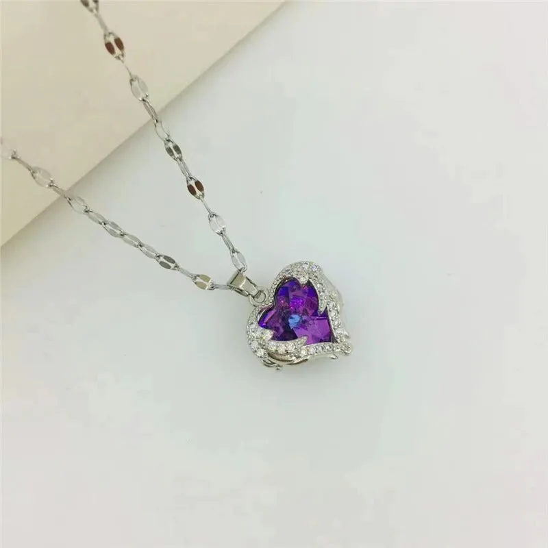 Zircon Heart with Angel Wings Pendant Necklaces