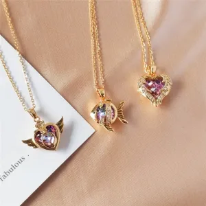 Zircon Heart with Angel Wings Pendant Necklaces