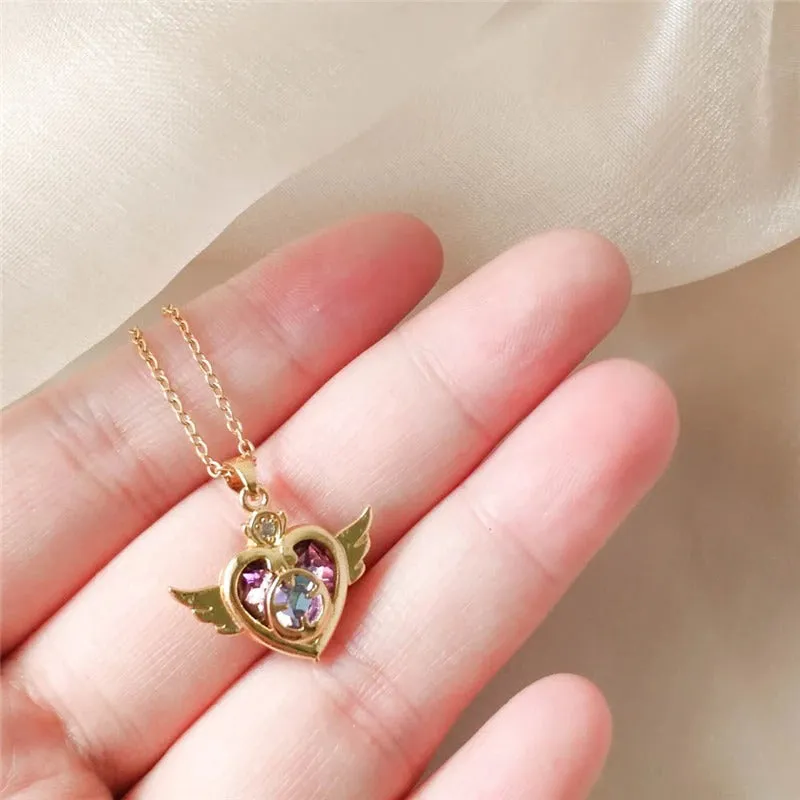 Zircon Heart with Angel Wings Pendant Necklaces