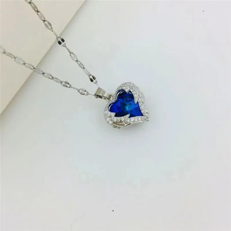 Zircon Heart with Angel Wings Pendant Necklaces