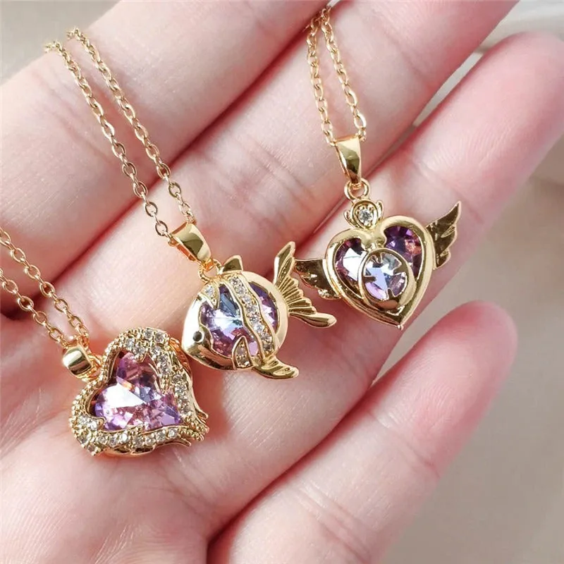 Zircon Heart with Angel Wings Pendant Necklaces